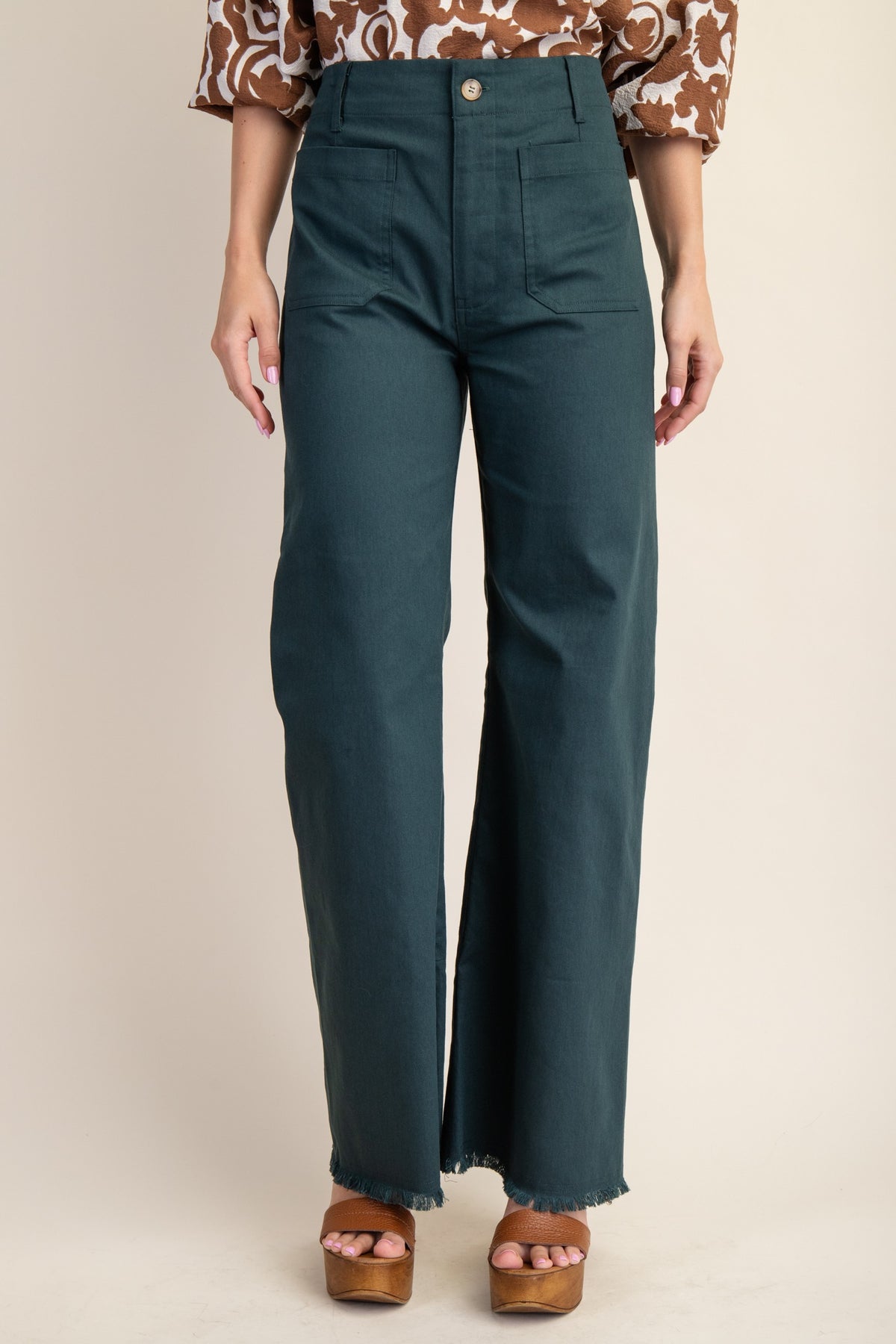 Teal Green High Waisted Frayed Hem Flare Leg Jeans
