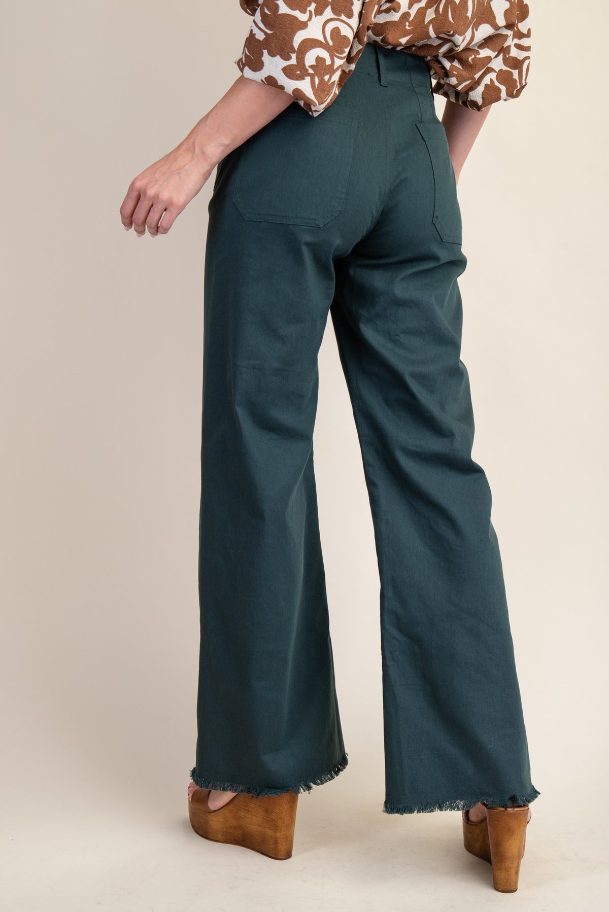 Teal Green High Waisted Frayed Hem Flare Leg Jeans