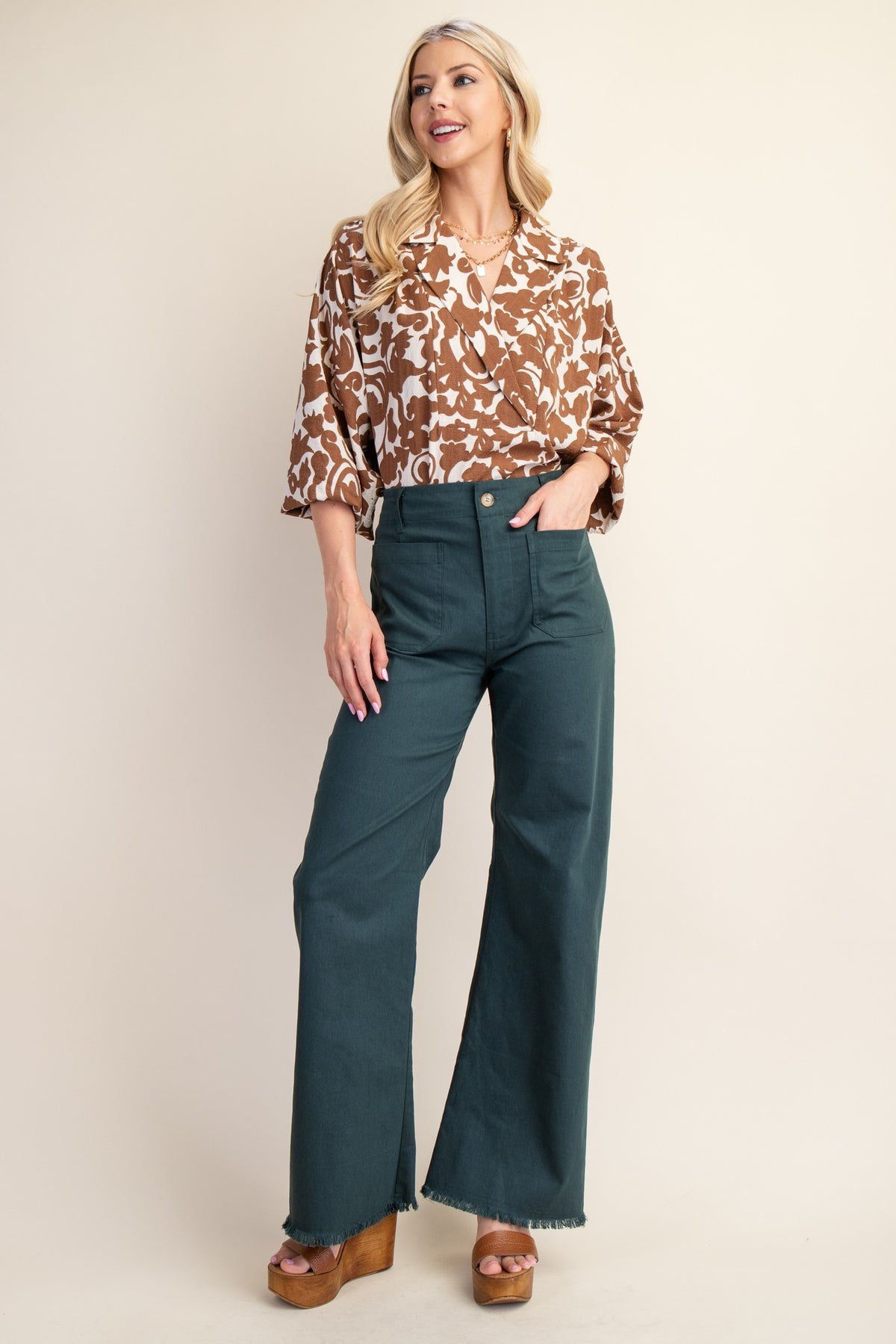 Teal Green High Waisted Frayed Hem Flare Leg Jeans