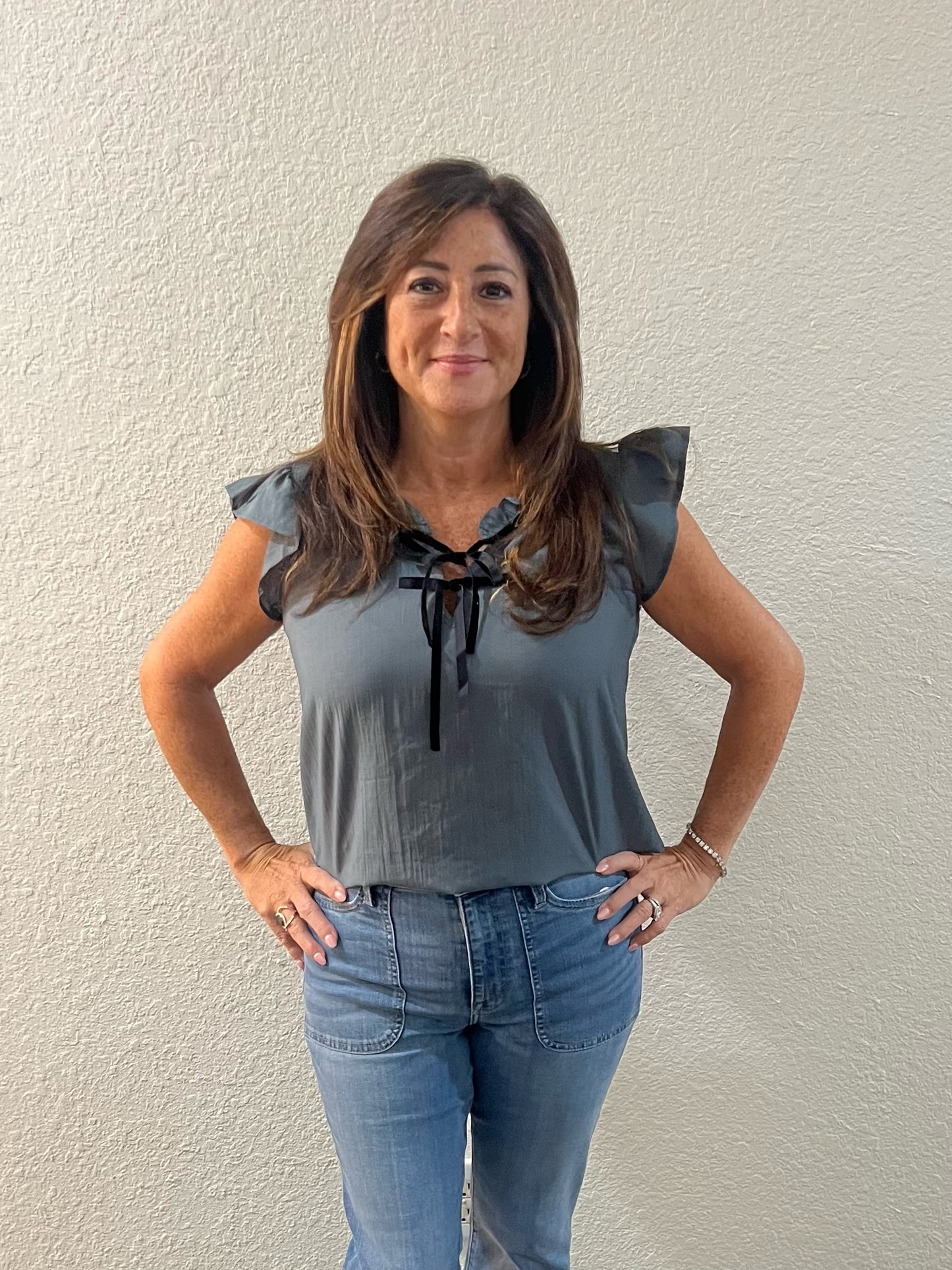 Dusty Teal tie front blouse