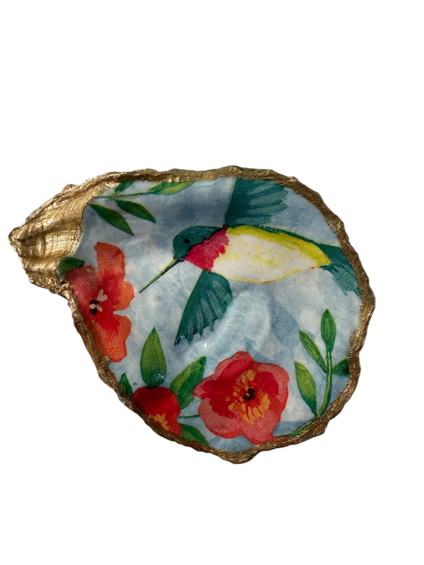 Hummingbird Oyster Shell w Gold Stand