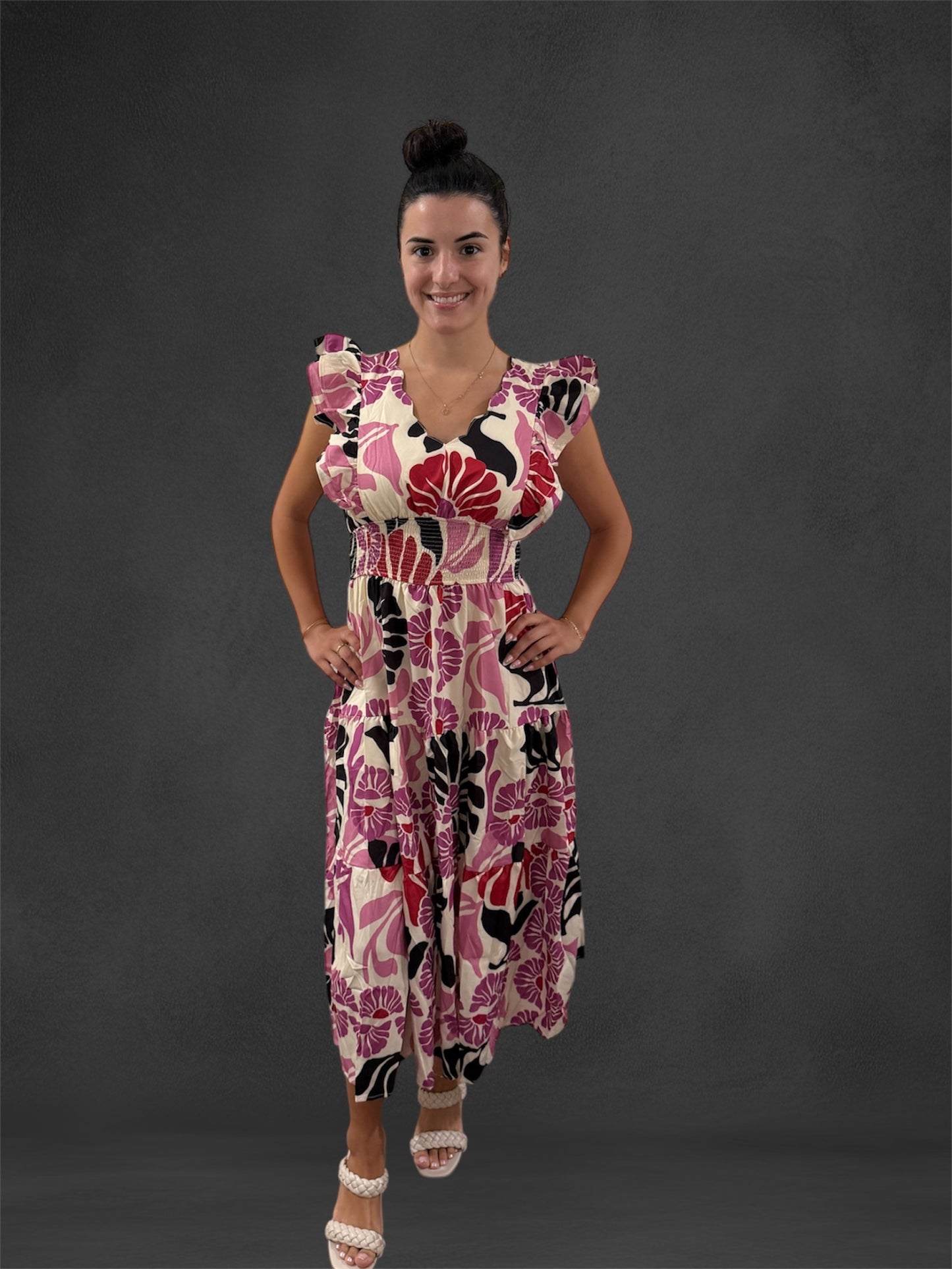 Floral Smocked Waist Midi Dress Lilac Pink Black