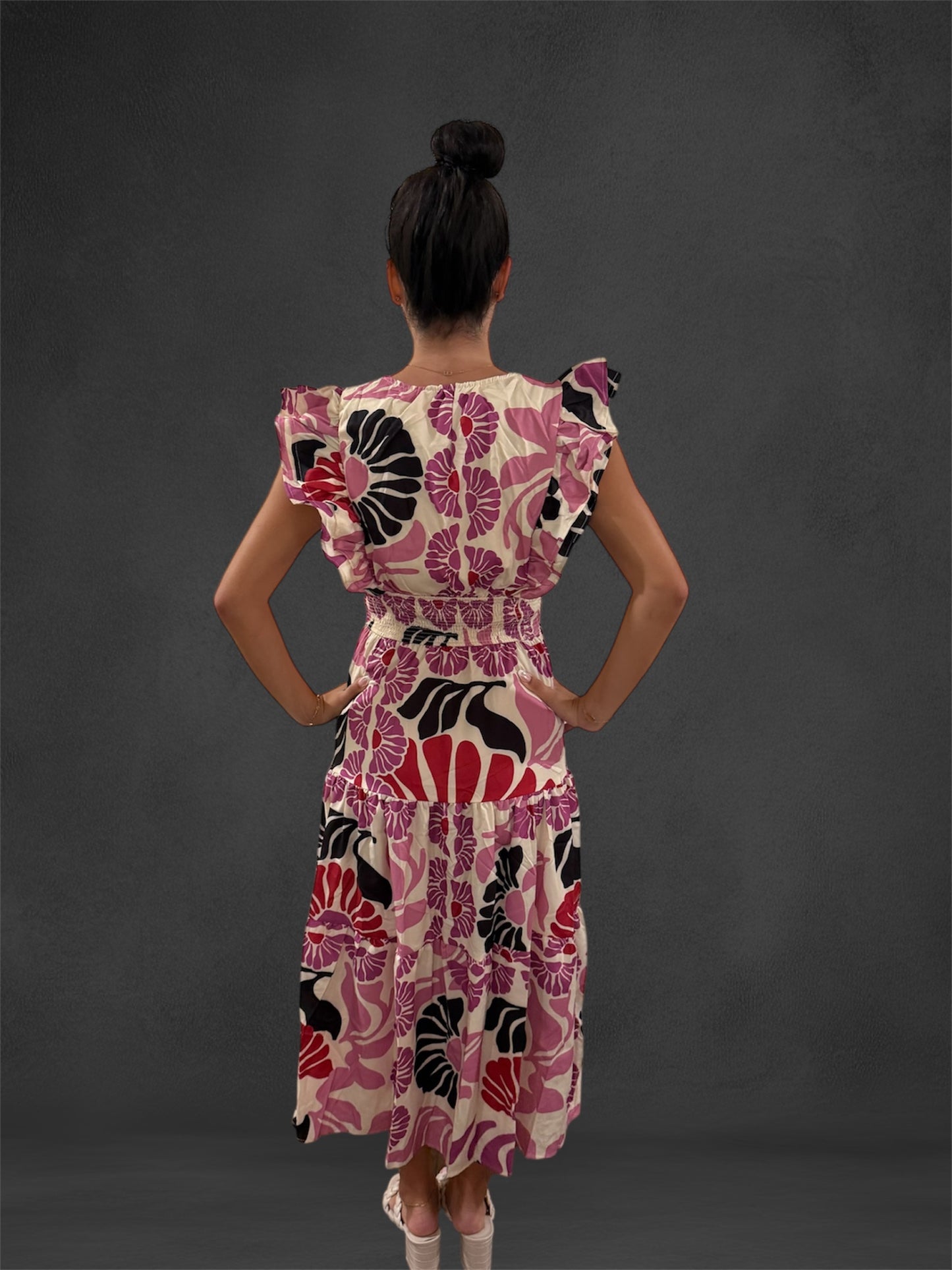 Floral Smocked Waist Midi Dress Lilac Pink Black