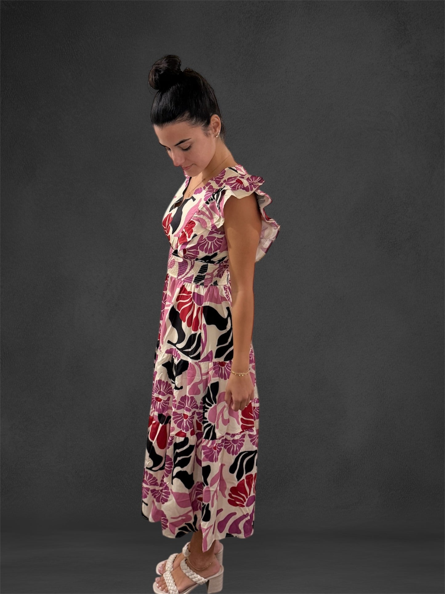 Floral Smocked Waist Midi Dress Lilac Pink Black