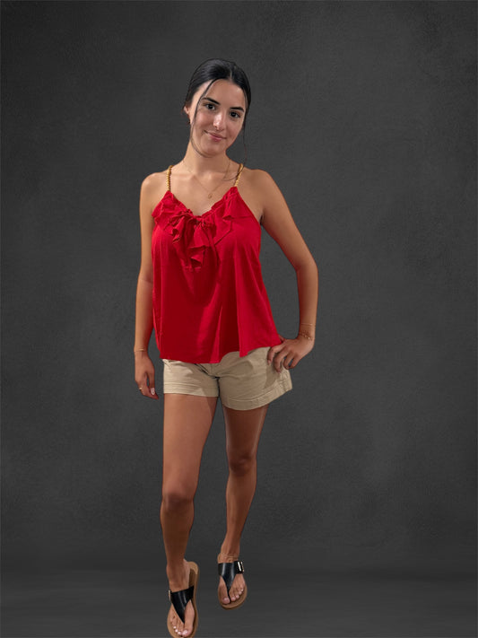 Flowy Red Ruffle Beaded Tank Blouse