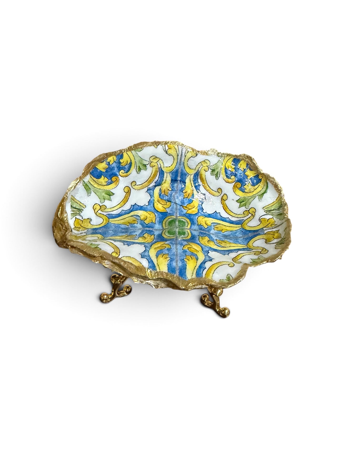Spanish Inspired Oyster Shell blue, yellow trimmed in gold w/ gold stand