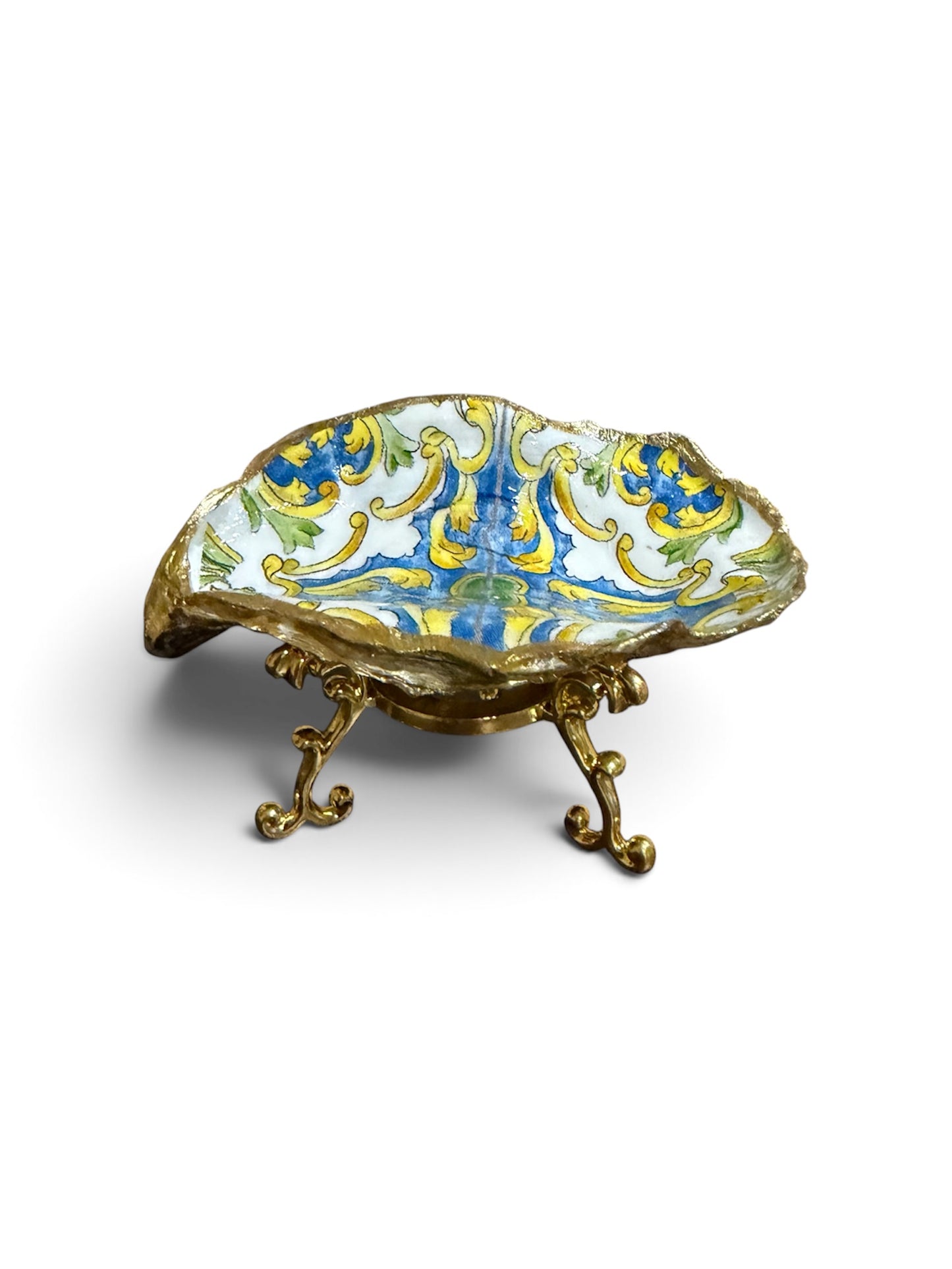 Spanish Inspired Oyster Shell blue, yellow trimmed in gold w/ gold stand