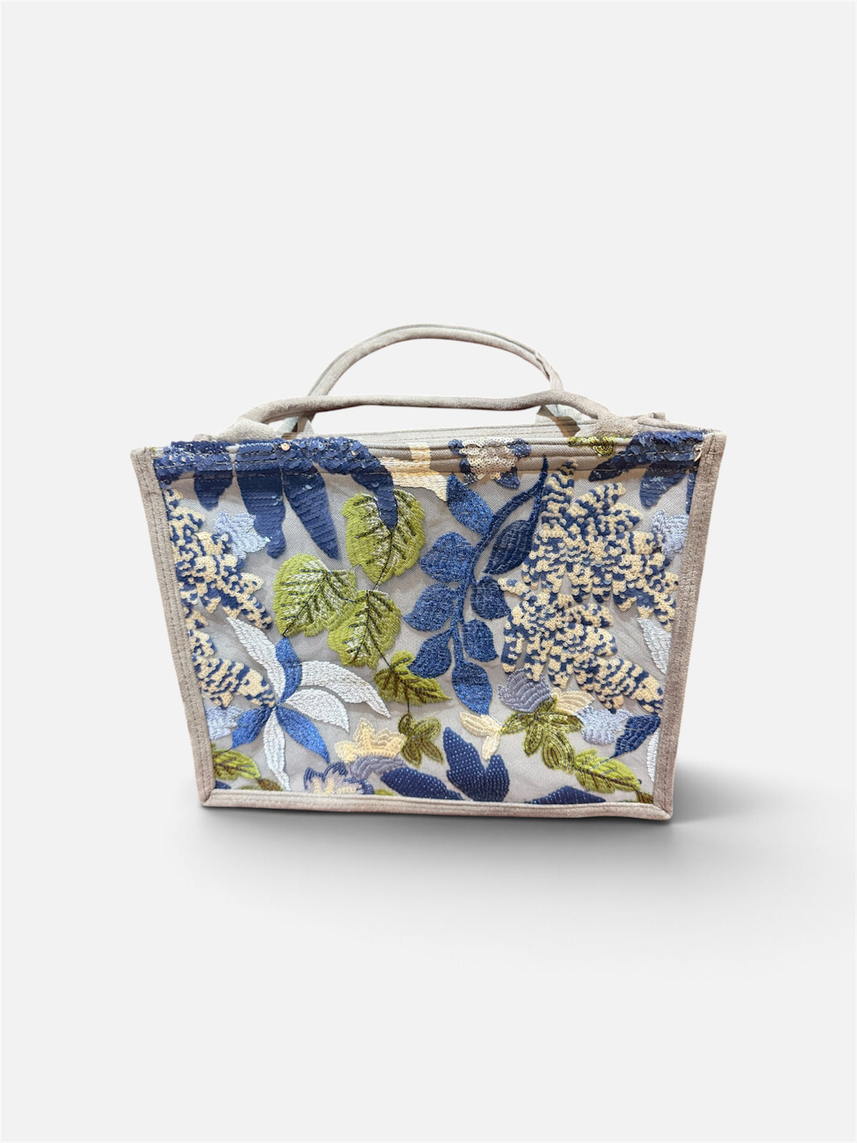 Blue flowered Sequin Suede Tote Bag Purse