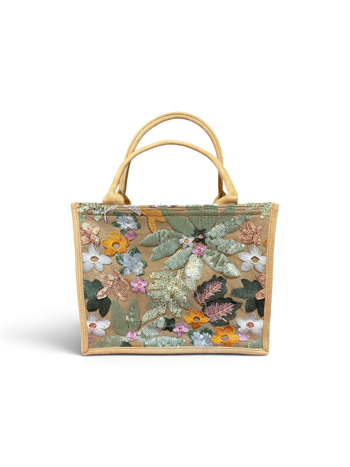 Tan, Green Sequin Tote Bag Purse