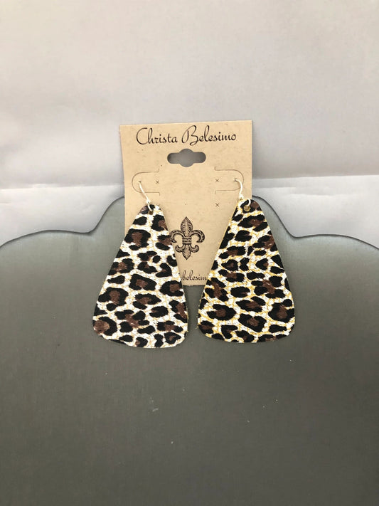Vegan leather earrings with leopard and cheetah print design, displayed on a card with the brand name 'Christina Salerno'.