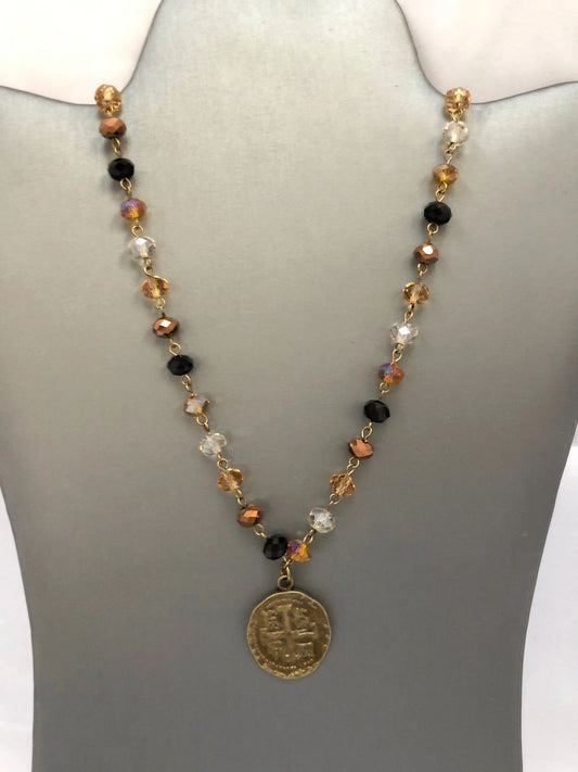 Leopard Rosary Bead Necklace with Brass Spanish Coin Pendant