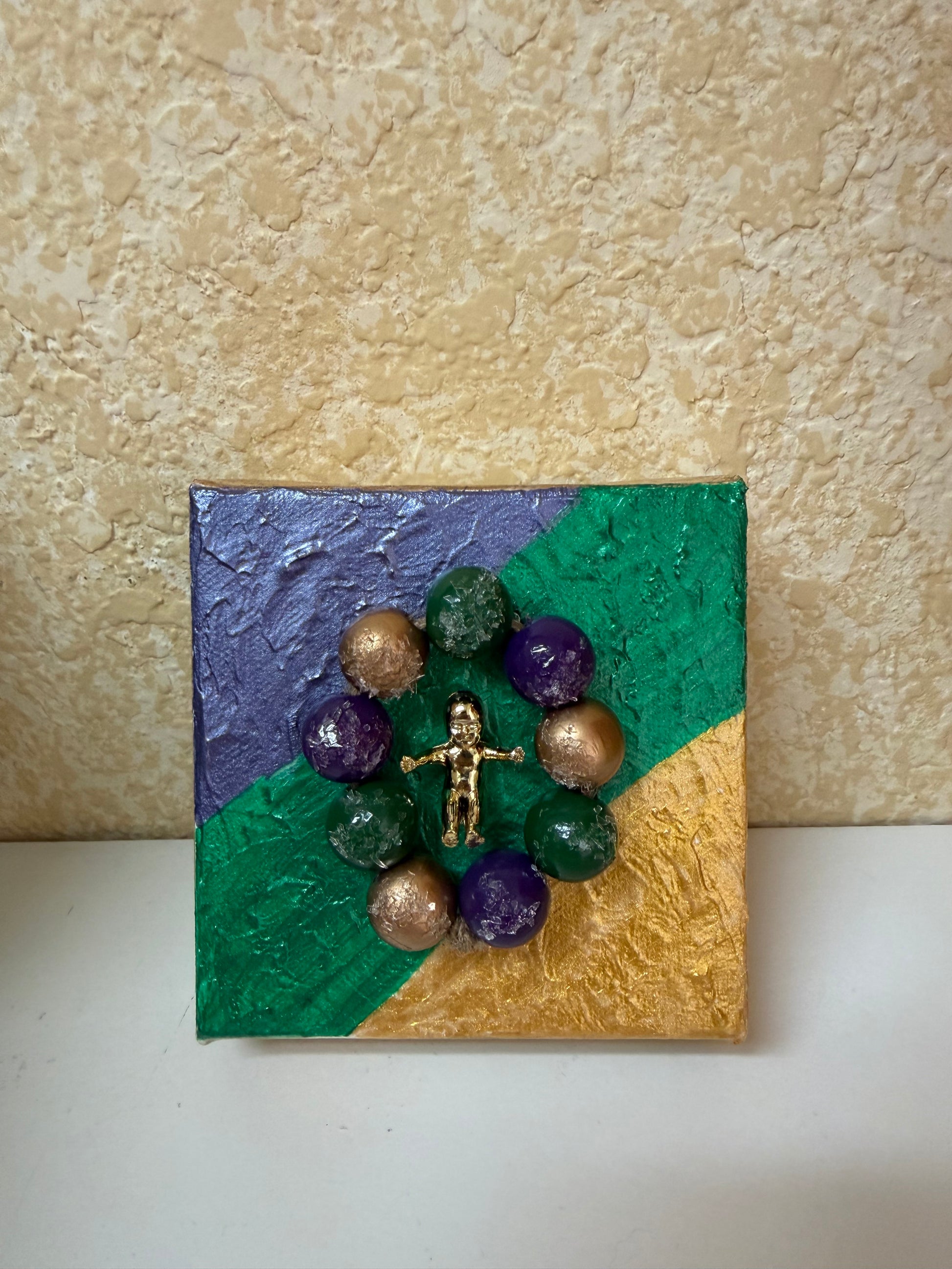 Mardi Gras Block Art | 4x4 Handmade King Cake Decor