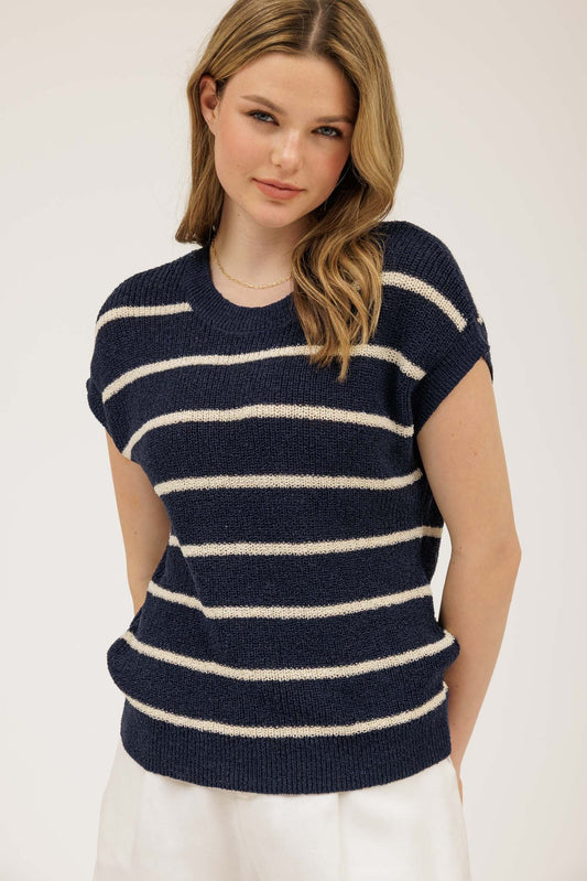 Navy Stripe  Short Sleeve Knit Sweater