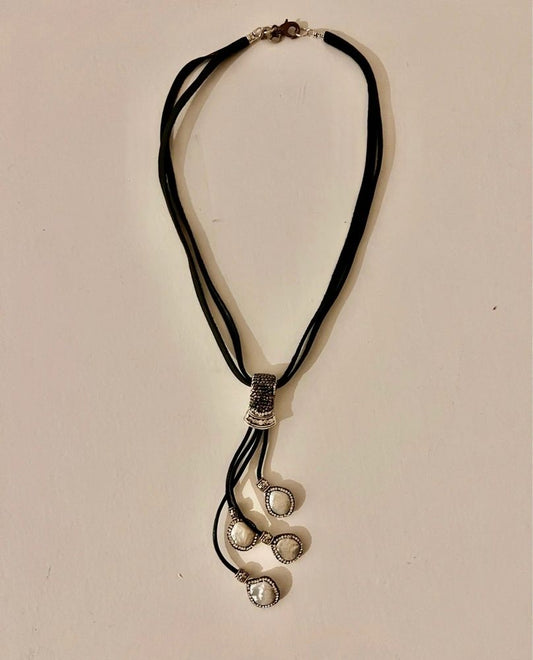 Pearl pavé dangly necklace with freshwater pearls on suede leather cord