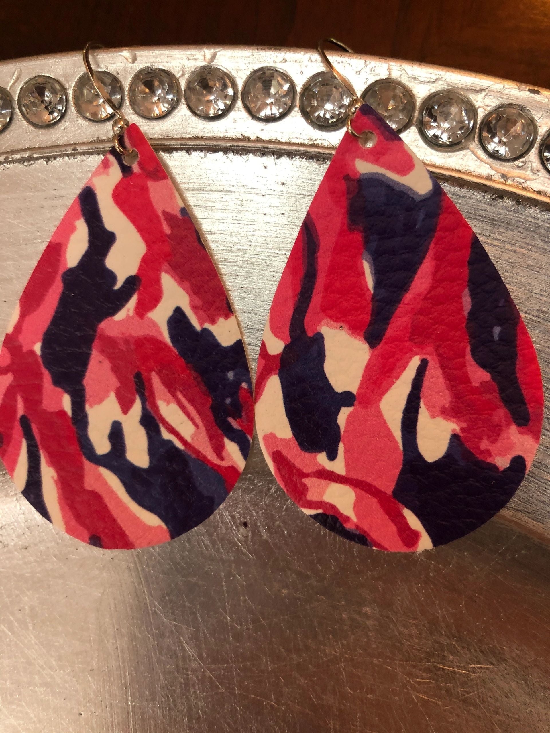 Pink and blue Lily P leather teardrop lightweight statement earrings