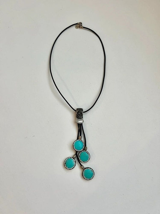 Turquoise pavé dangly necklace on leather cord with western style design