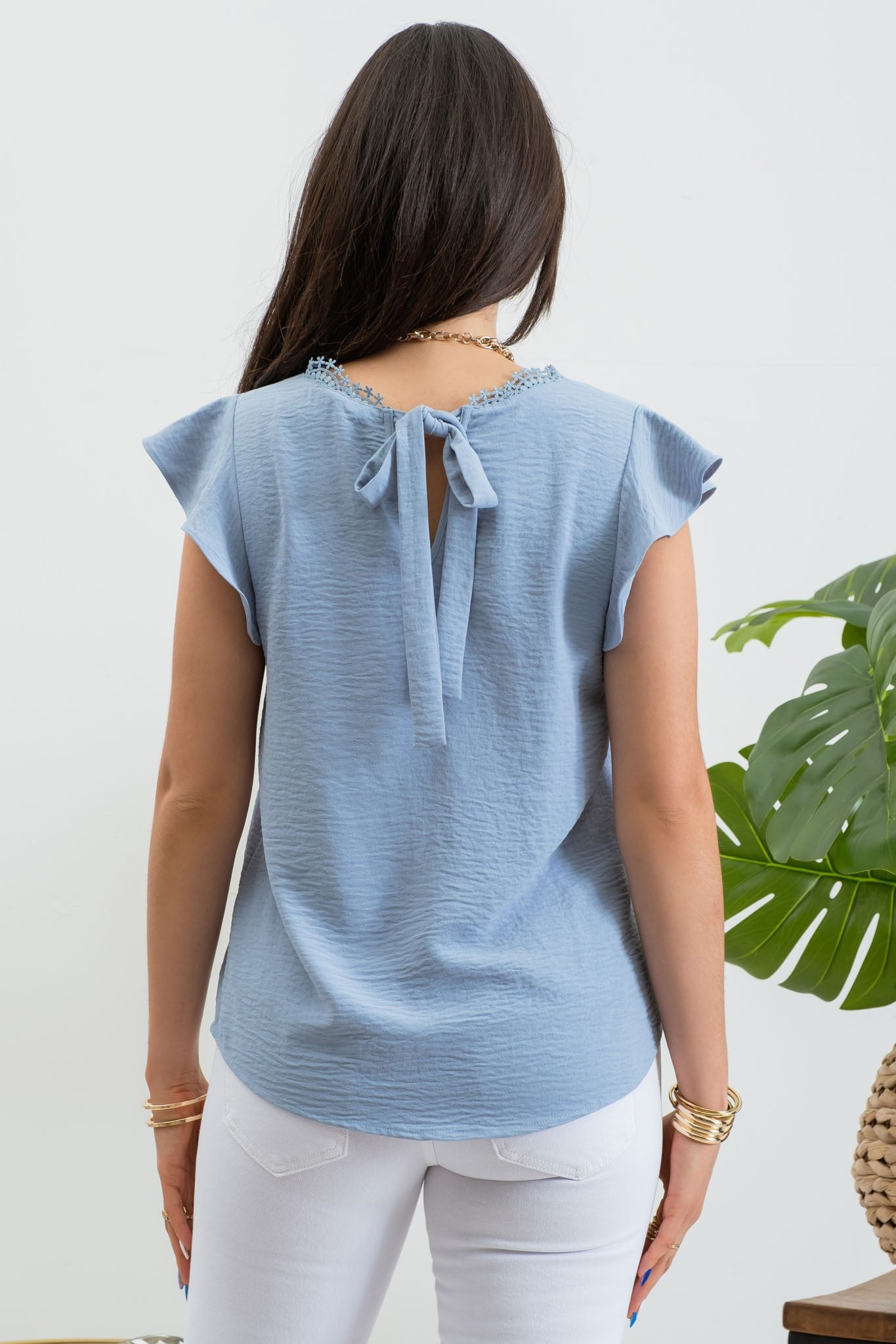 V-Neck Lace Trim Blue Blouse
