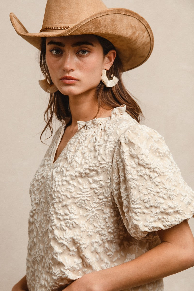 Floral Pattern Texture Balloon Sleeve V-Neck Top