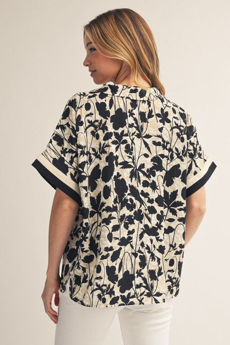 Drop Shoulder Black Flowered Short Sleeve Blouse