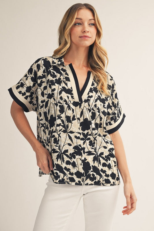 Drop Shoulder Black Flowered Short Sleeve Blouse