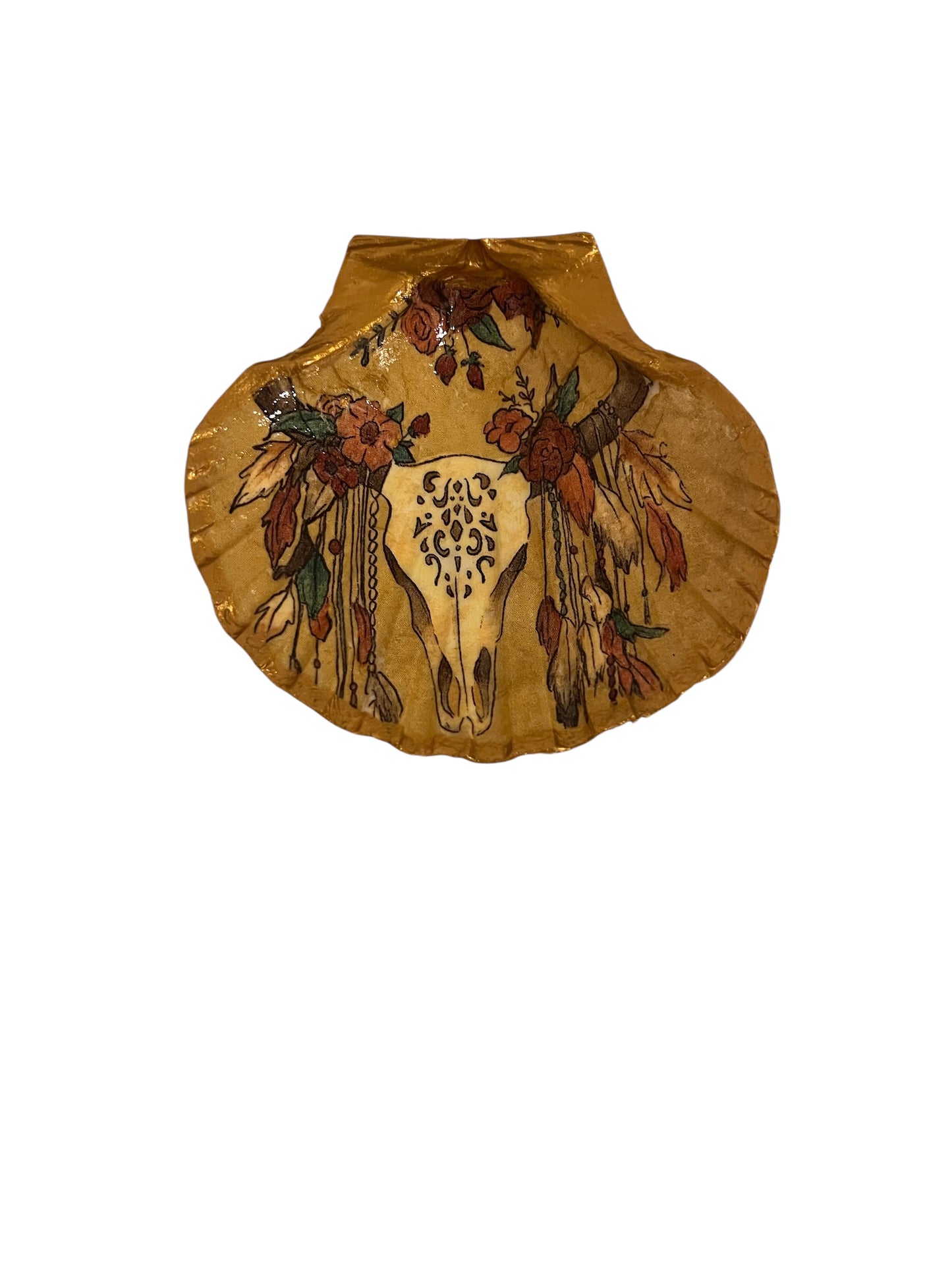 Cow head scallop shell trinket dish with boho Western design and gold trim
