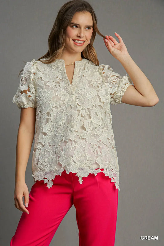 Cream Floral Lace V-Neck Top