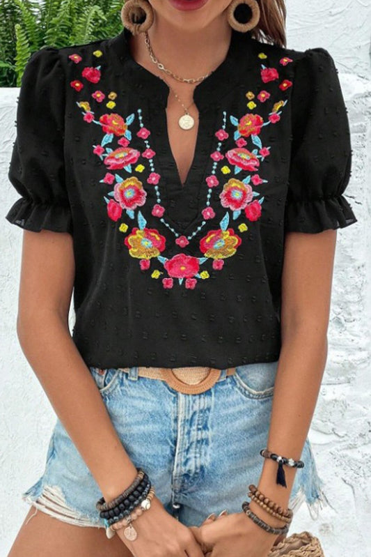 Black Floral Bubble Sleeve Chiffon Top