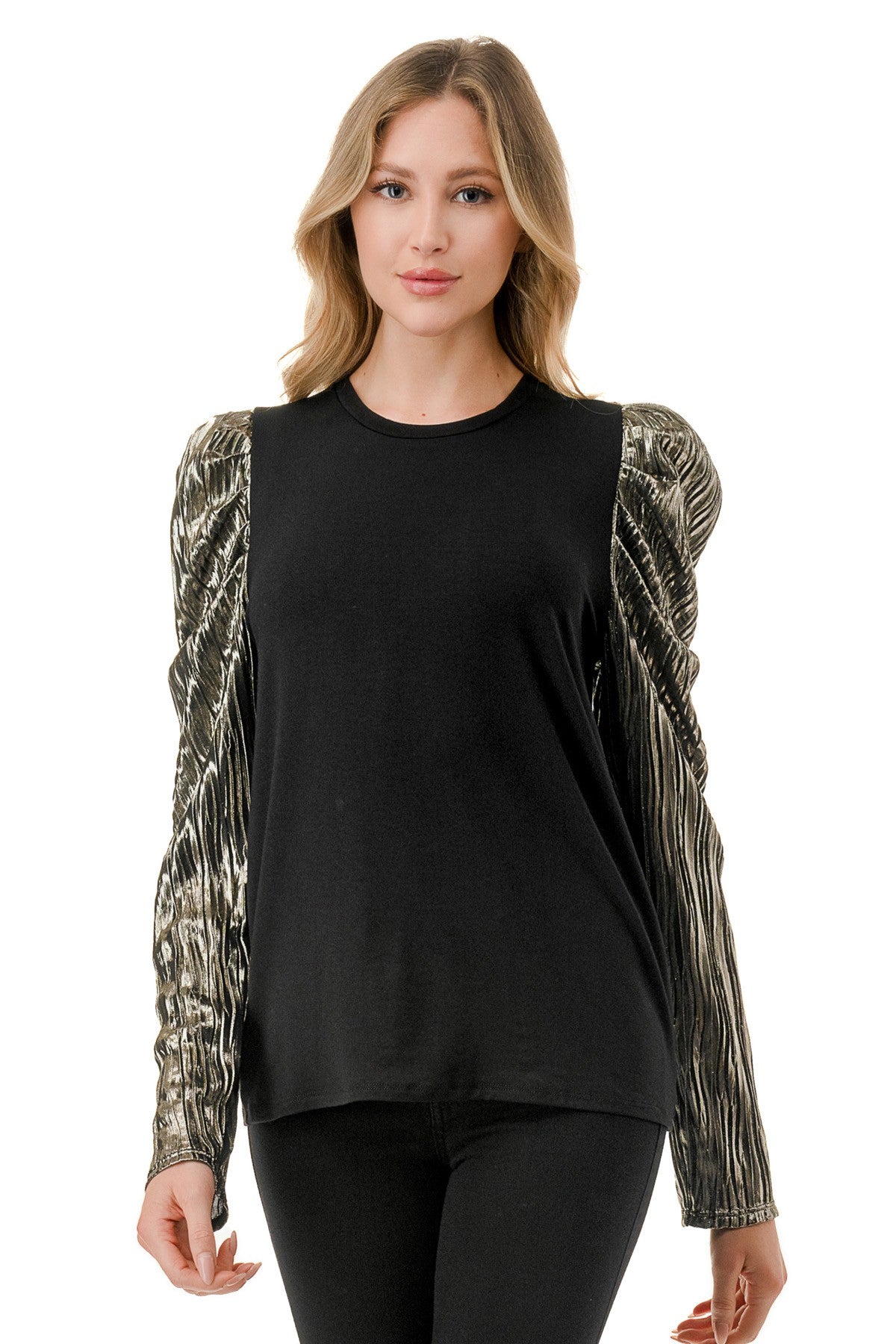 Women wearing black top with gold sleeves