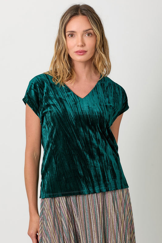 Woman wearing a green velvet V-neck short sleeve top