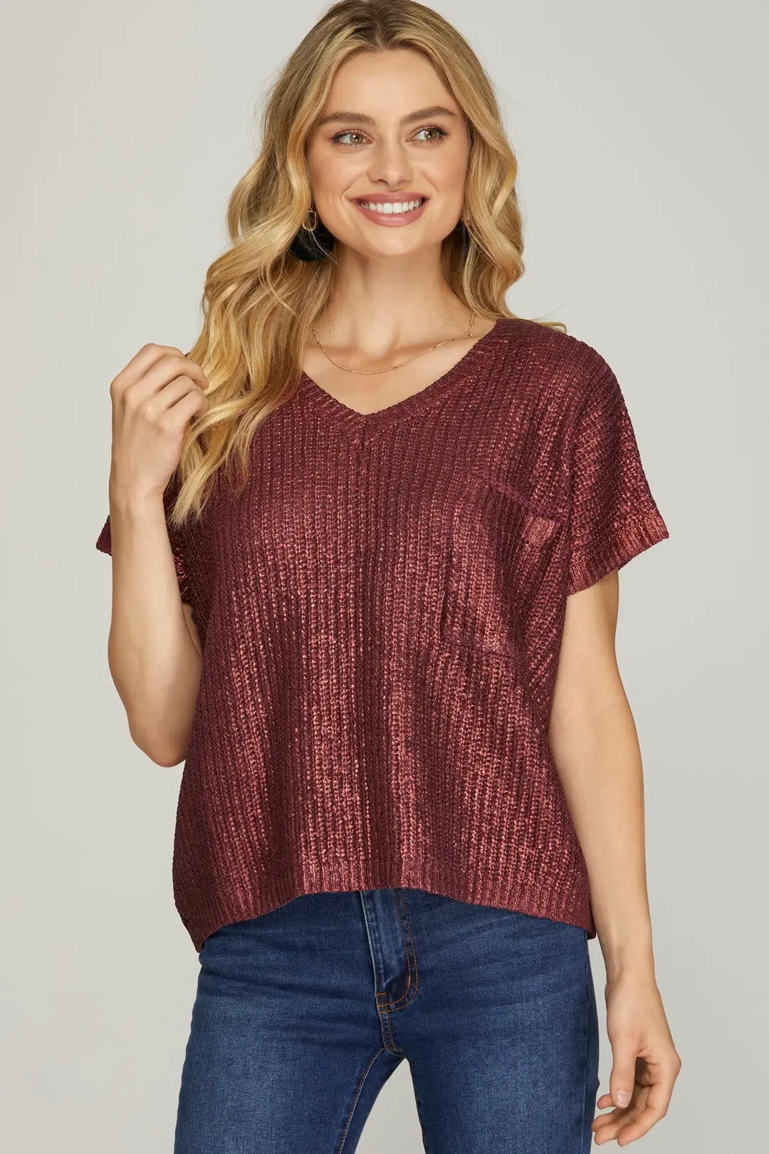 Maroon Short Sleeve V-neck Metallic Coated Top