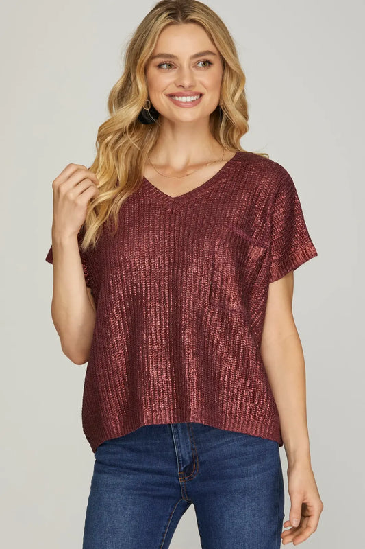 Maroon Short Sleeve V-neck Metallic Coated Top
