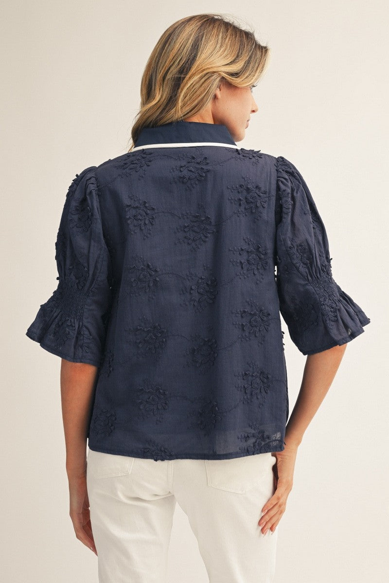 Navy Blue and White Trim Woven Blouse