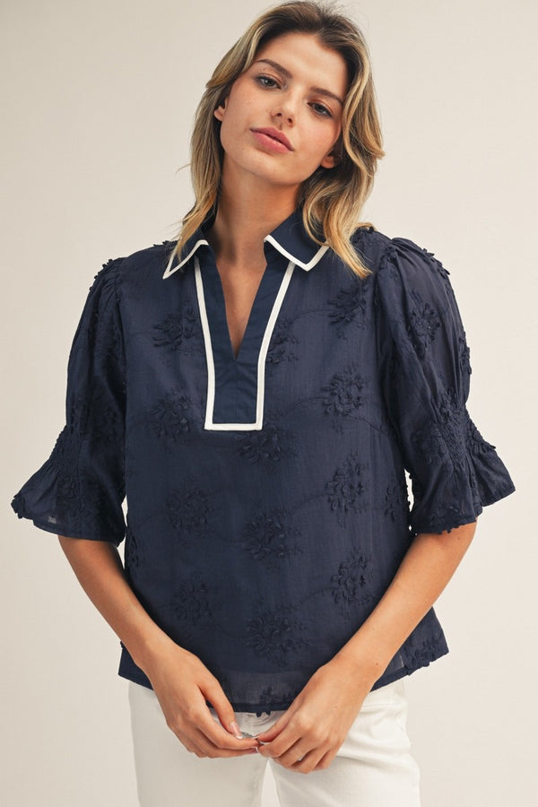 Navy Blue and White Trim Woven Blouse