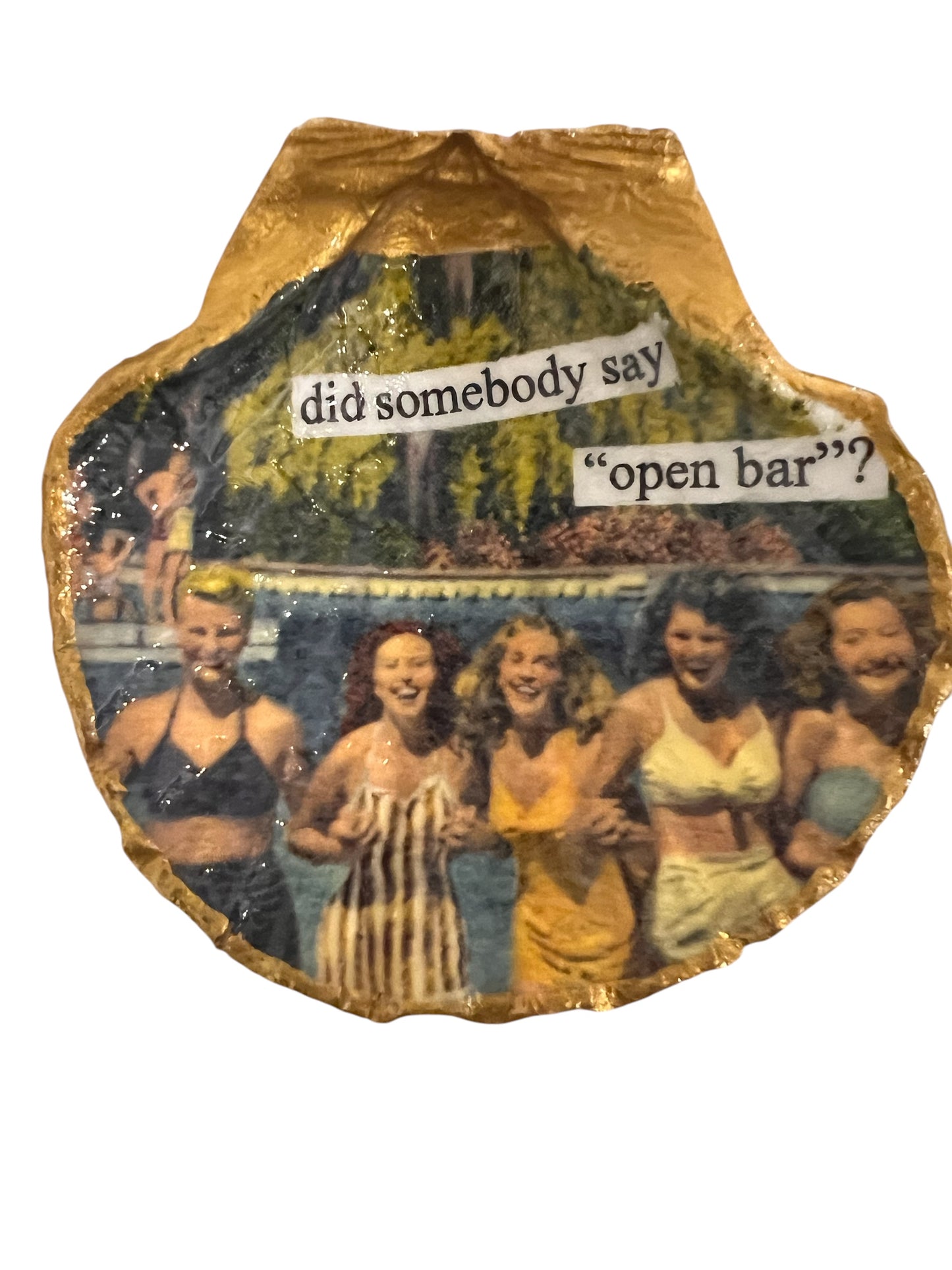 A scallop shell-shaped trinket holder with a photo collage of people and the text 'did somebody say “open bar”?'