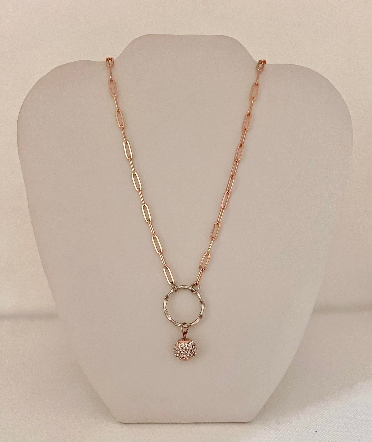Rose gold paperclip pave ball necklace