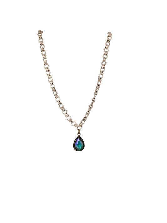 A silver rolo chain pendant with a blue/green colored pendant attached to it.