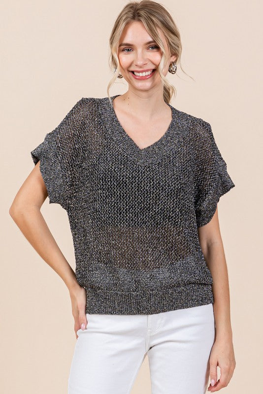 Black/Silver Twinkle Crochet Knit Top V-neck
