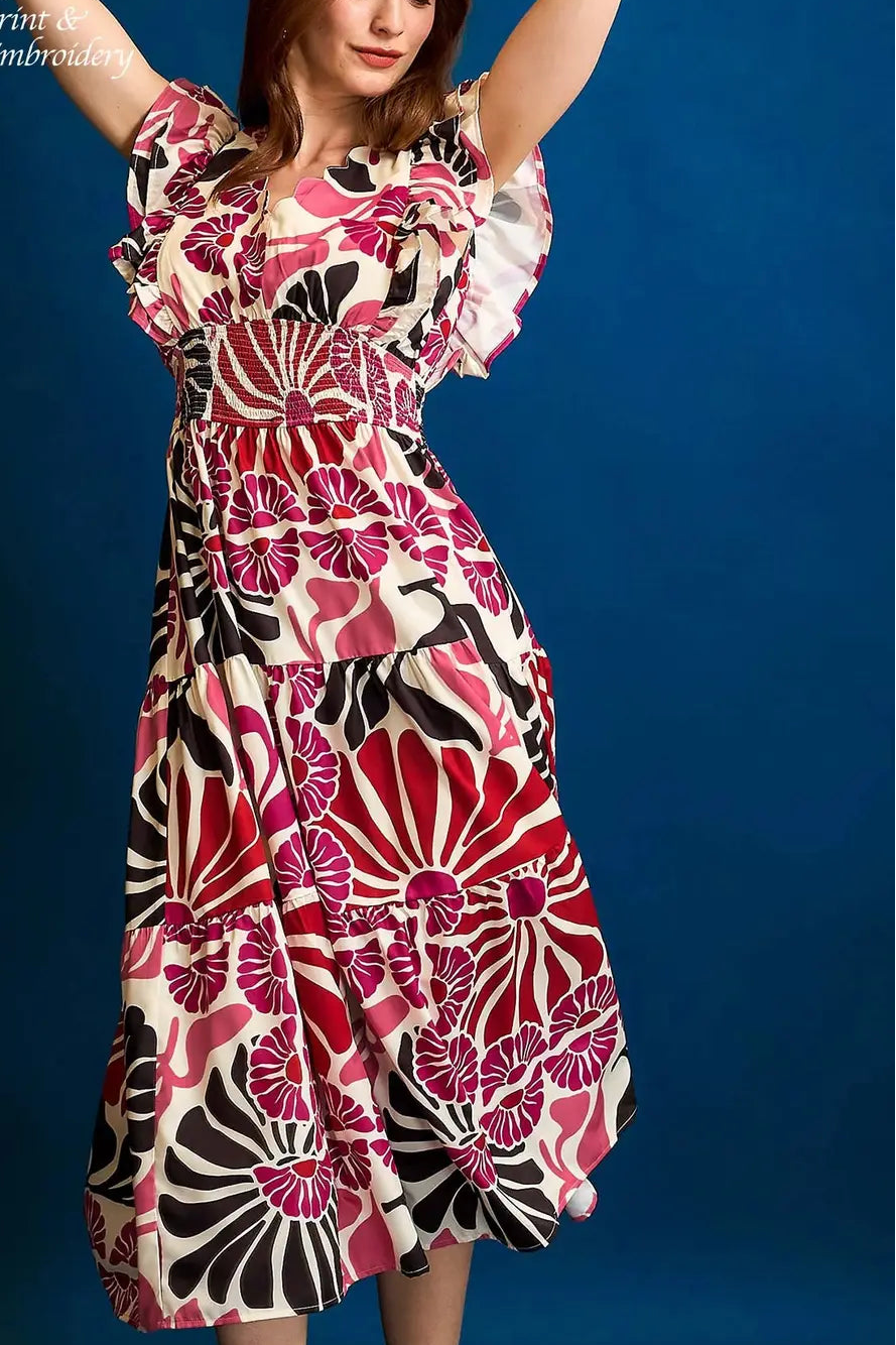 Floral Smocked Waist Midi Dress Lilac Pink Black
