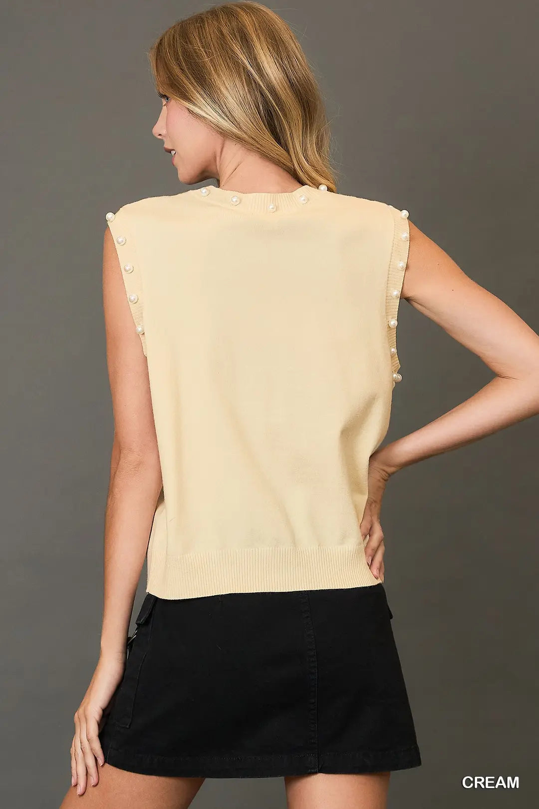 Cream Sleeveless Pearl Trim Top