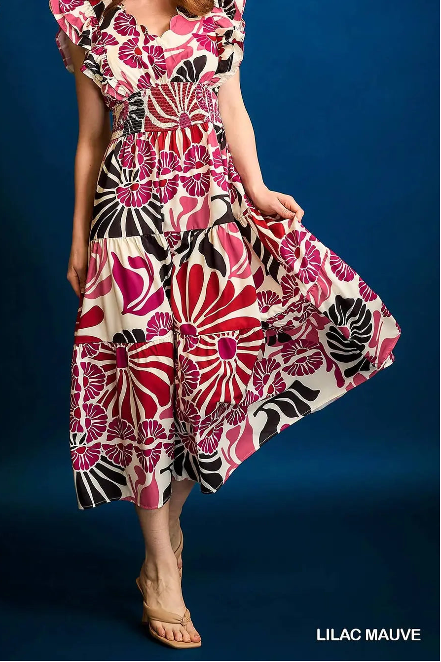 Floral Smocked Waist Midi Dress Lilac Pink Black